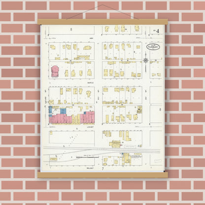 Old map wall art mockup — magnetic wood frame on brick wall — Sanborn Fire Insurance Map from Fairbury, Livingston County, Illinois (1911), Sheet #0004