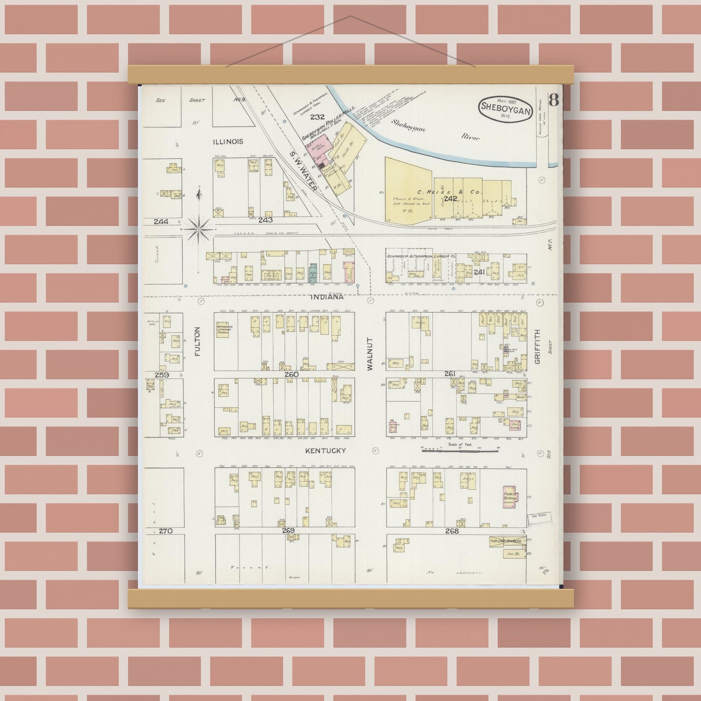Old map wall art mockup — magnetic wood frame on brick wall — Sanborn Fire Insurance Map from Sheboygan, Sheboygan County, Wisconsin (1887), Sheet #0008