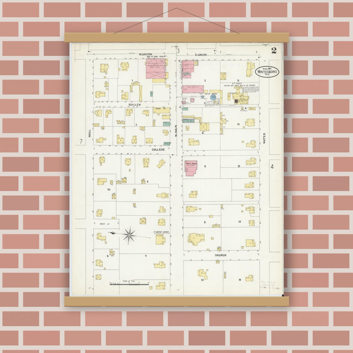 Old map wall art mockup — magnetic wood frame on brick wall — Sanborn Fire Insurance Map from Whitesboro, Grayson County, Texas (1907), Sheet #0002