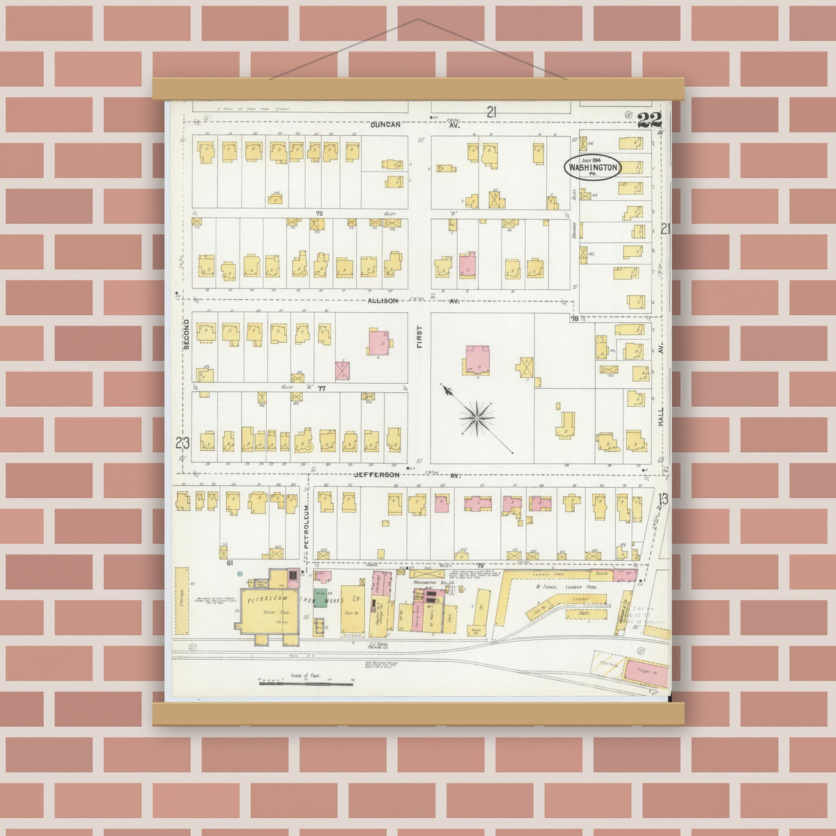 Old map wall art mockup — magnetic wood frame on brick wall — Sanborn Fire Insurance Map from Washington, Washington County, Pennsylvania (1904), Sheet #0022
