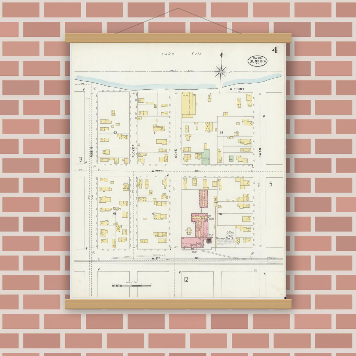 Old map wall art mockup — magnetic wood frame on brick wall — Sanborn Fire Insurance Map from Dunkirk, Chautauqua County, New York (1898), Sheet #0004