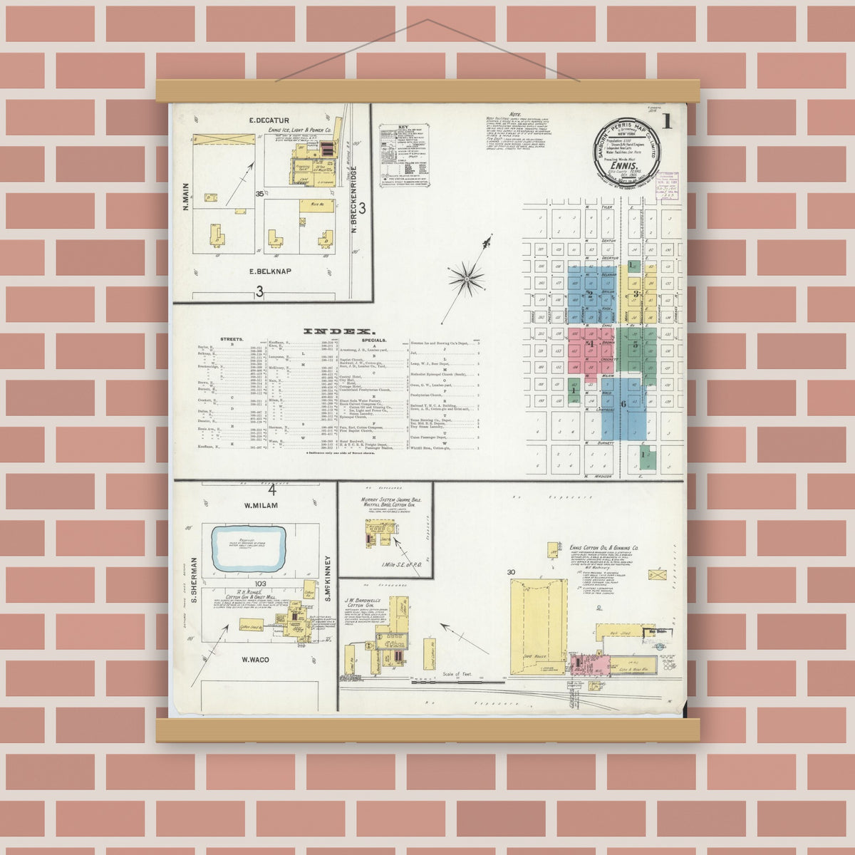 Old map wall art mockup — magnetic wood frame on brick wall — Sanborn Fire Insurance Map from Ennis, Ellis County, Texas (1901) - Complete Map Set