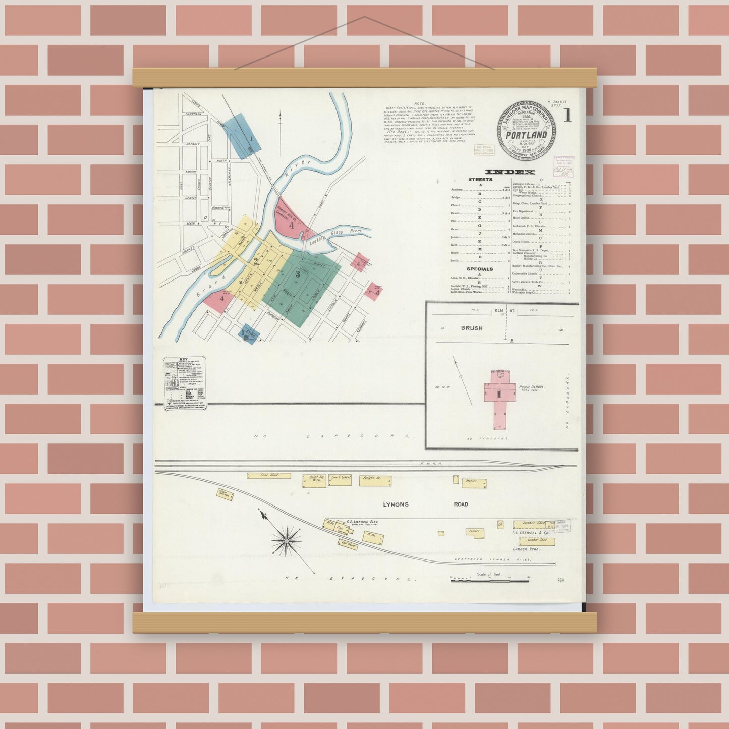Old map wall art mockup — magnetic wood frame on brick wall — Sanborn Fire Insurance Map from Portland, Ionia County, Michigan (1906) - Complete Map Set