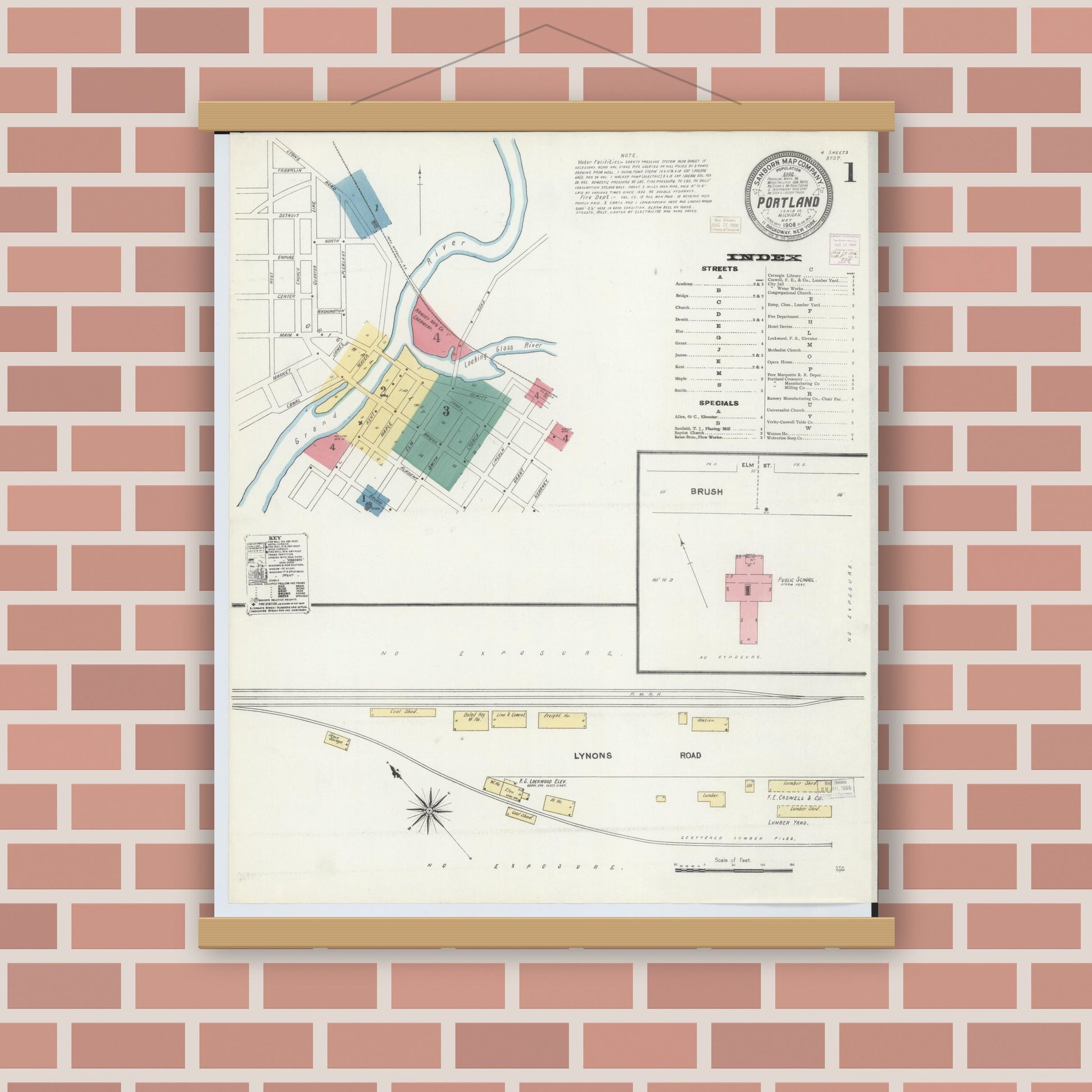 Old map wall art mockup — magnetic wood frame on brick wall — Sanborn Fire Insurance Map from Portland, Ionia County, Michigan (1906) - Complete Map Set