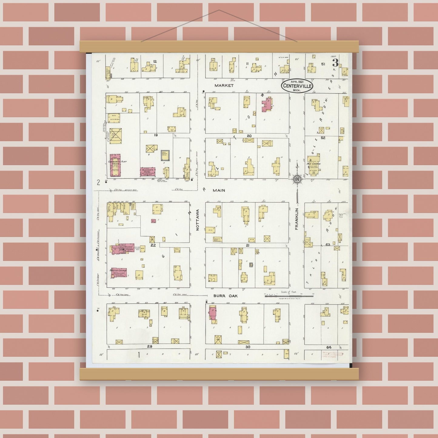 Old map wall art mockup — magnetic wood frame on brick wall — Sanborn Fire Insurance Map from Centreville, Saint Joseph County, Michigan (1921), Sheet #0003