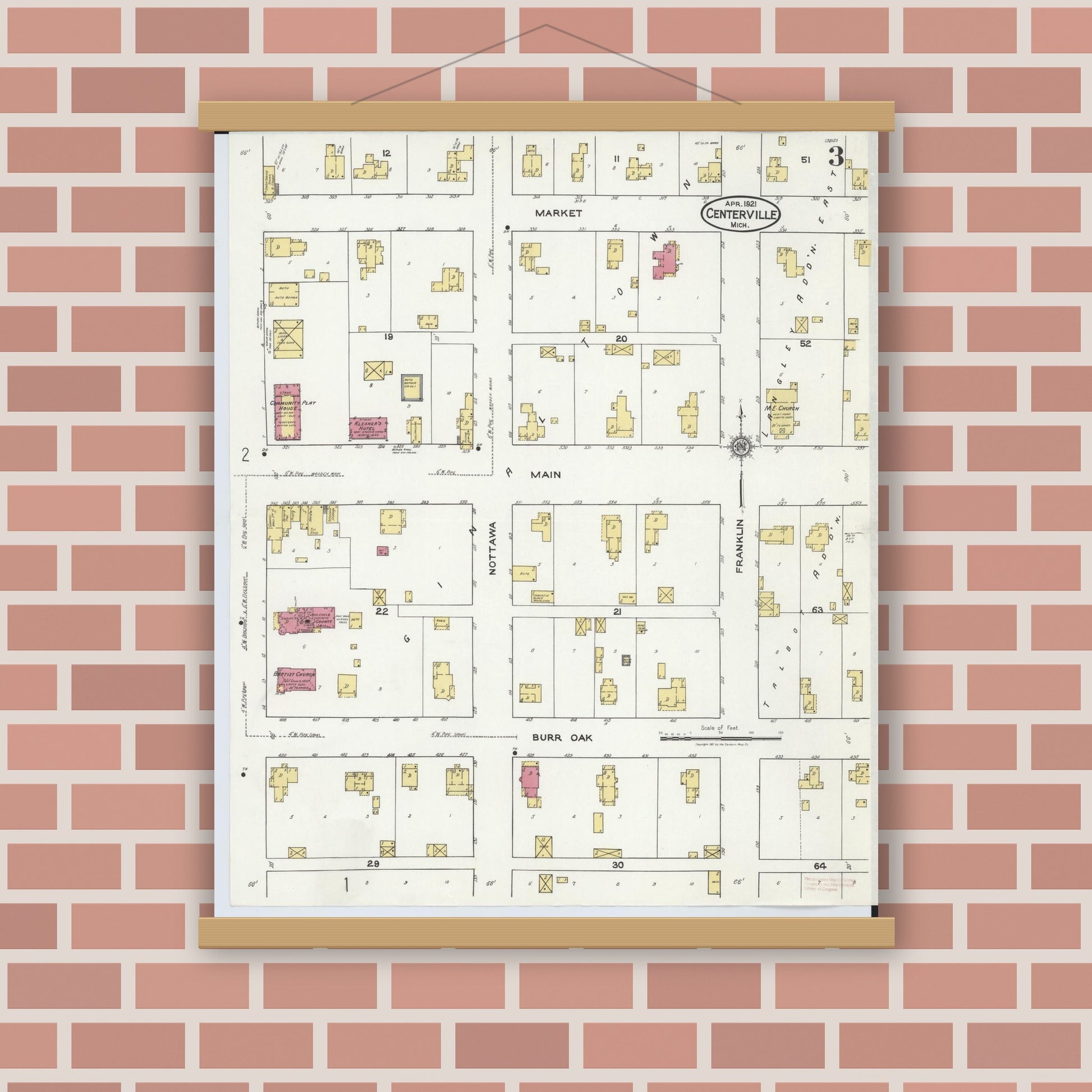 Old map wall art mockup — magnetic wood frame on brick wall — Sanborn Fire Insurance Map from Centreville, Saint Joseph County, Michigan (1921), Sheet #0003