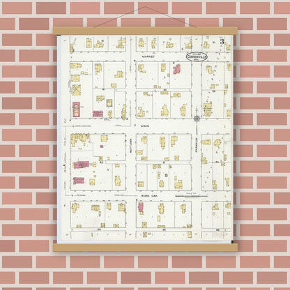 Old map wall art mockup — magnetic wood frame on brick wall — Sanborn Fire Insurance Map from Centreville, Saint Joseph County, Michigan (1921), Sheet #0003
