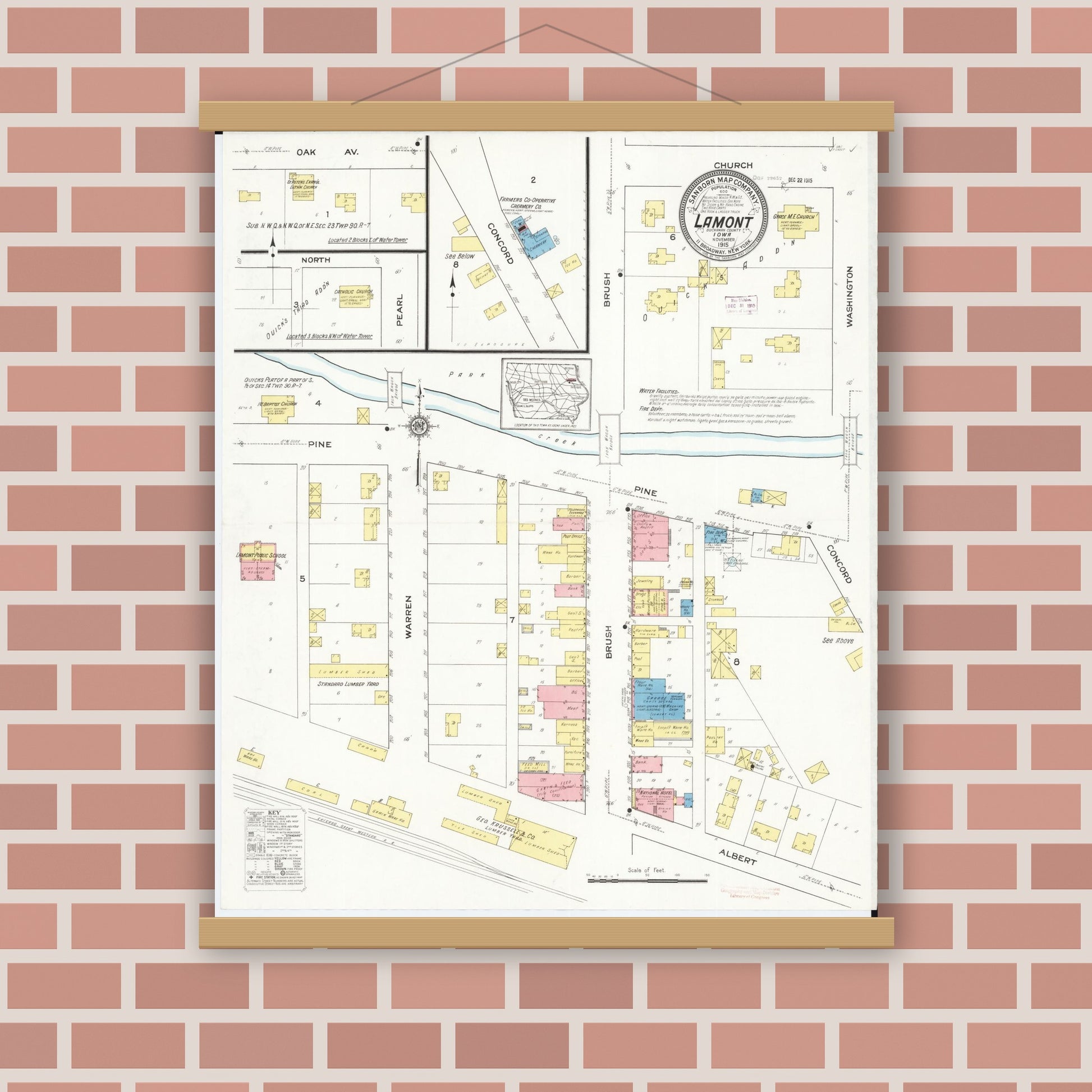 Old map wall art mockup — magnetic wood frame on brick wall — Sanborn Fire Insurance Map from Lamont, Buchanan County, Iowa (1915), Sheet #0001
