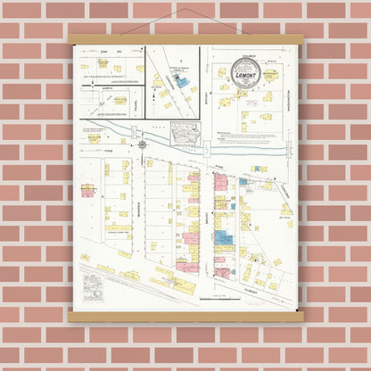 Old map wall art mockup — magnetic wood frame on brick wall — Sanborn Fire Insurance Map from Lamont, Buchanan County, Iowa (1915), Sheet #0001