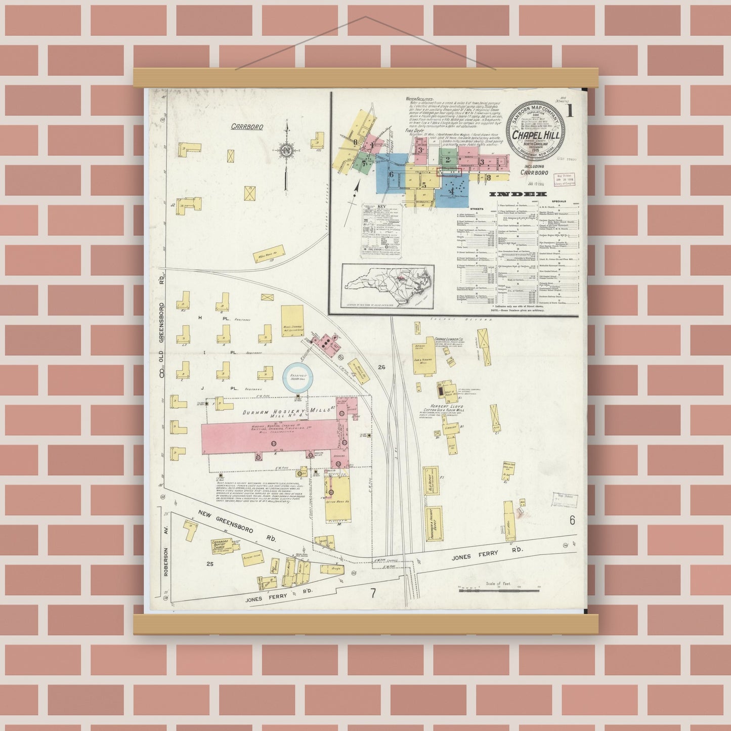 Old map wall art mockup — magnetic wood frame on brick wall — Sanborn Fire Insurance Map from Chapel Hill, Orange County, North Carolina (1915), Sheet #0001