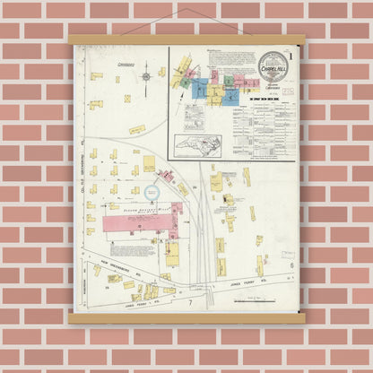 Old map wall art mockup — magnetic wood frame on brick wall — Sanborn Fire Insurance Map from Chapel Hill, Orange County, North Carolina (1915), Sheet #0001