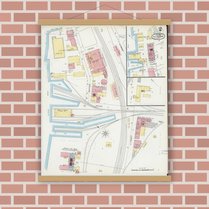 Old map wall art mockup — magnetic wood frame on brick wall — Sanborn Fire Insurance Map from Hudson, Columbia County, New York (1895), Sheet #0002