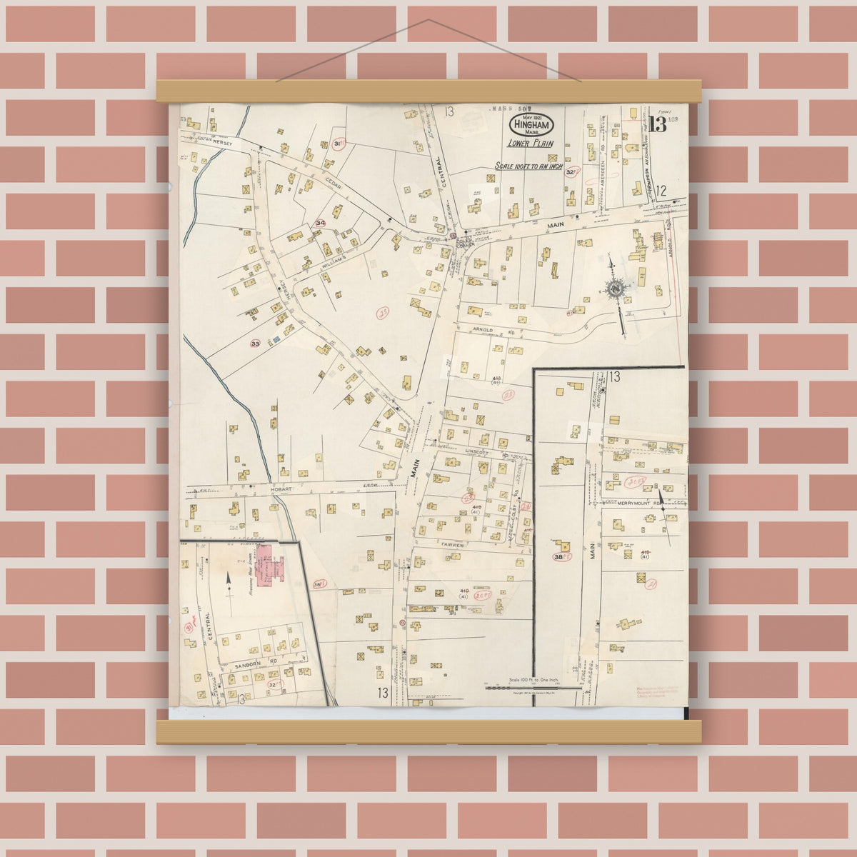 Old map wall art mockup — magnetic wood frame on brick wall — Sanborn Fire Insurance Map from Hingham, Plymouth County, Massachusetts (1948), Sheet #0013
