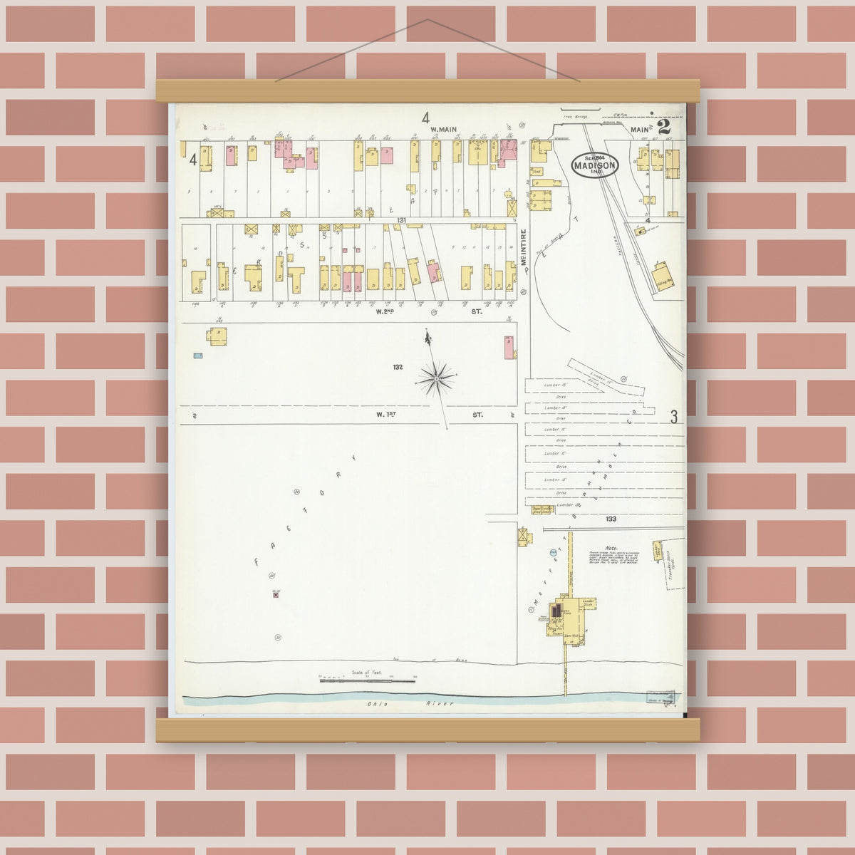 Old map wall art mockup — magnetic wood frame on brick wall — Sanborn Fire Insurance Map from Madison, Jefferson County, Indiana (1904), Sheet #0002