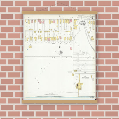 Old map wall art mockup — magnetic wood frame on brick wall — Sanborn Fire Insurance Map from Madison, Jefferson County, Indiana (1904), Sheet #0002