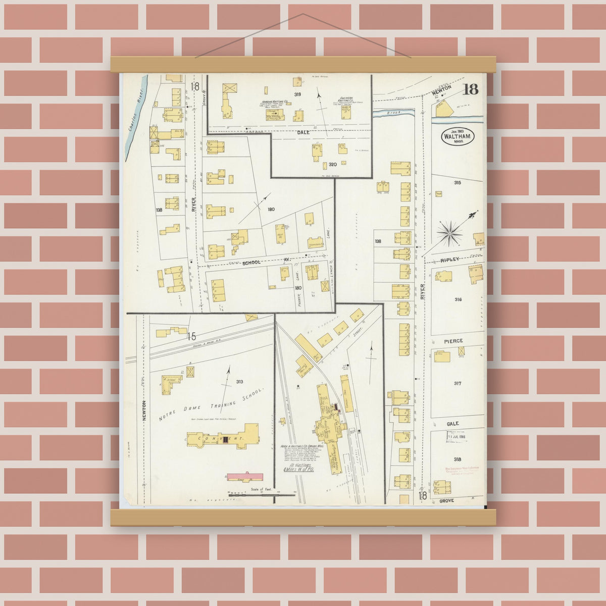 Old map wall art mockup — magnetic wood frame on brick wall — Sanborn Fire Insurance Map from Waltham, Middlesex County, Massachusetts (1903), Sheet #0018