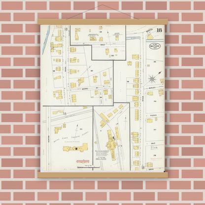 Old map wall art mockup — magnetic wood frame on brick wall — Sanborn Fire Insurance Map from Waltham, Middlesex County, Massachusetts (1903), Sheet #0018