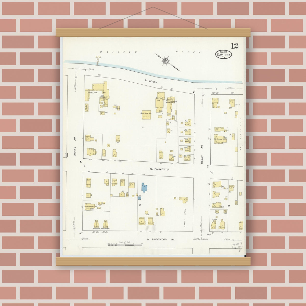 Old map wall art mockup — magnetic wood frame on brick wall — Sanborn Fire Insurance Map from Daytona, Volusia County, Florida (1912), Sheet #0012