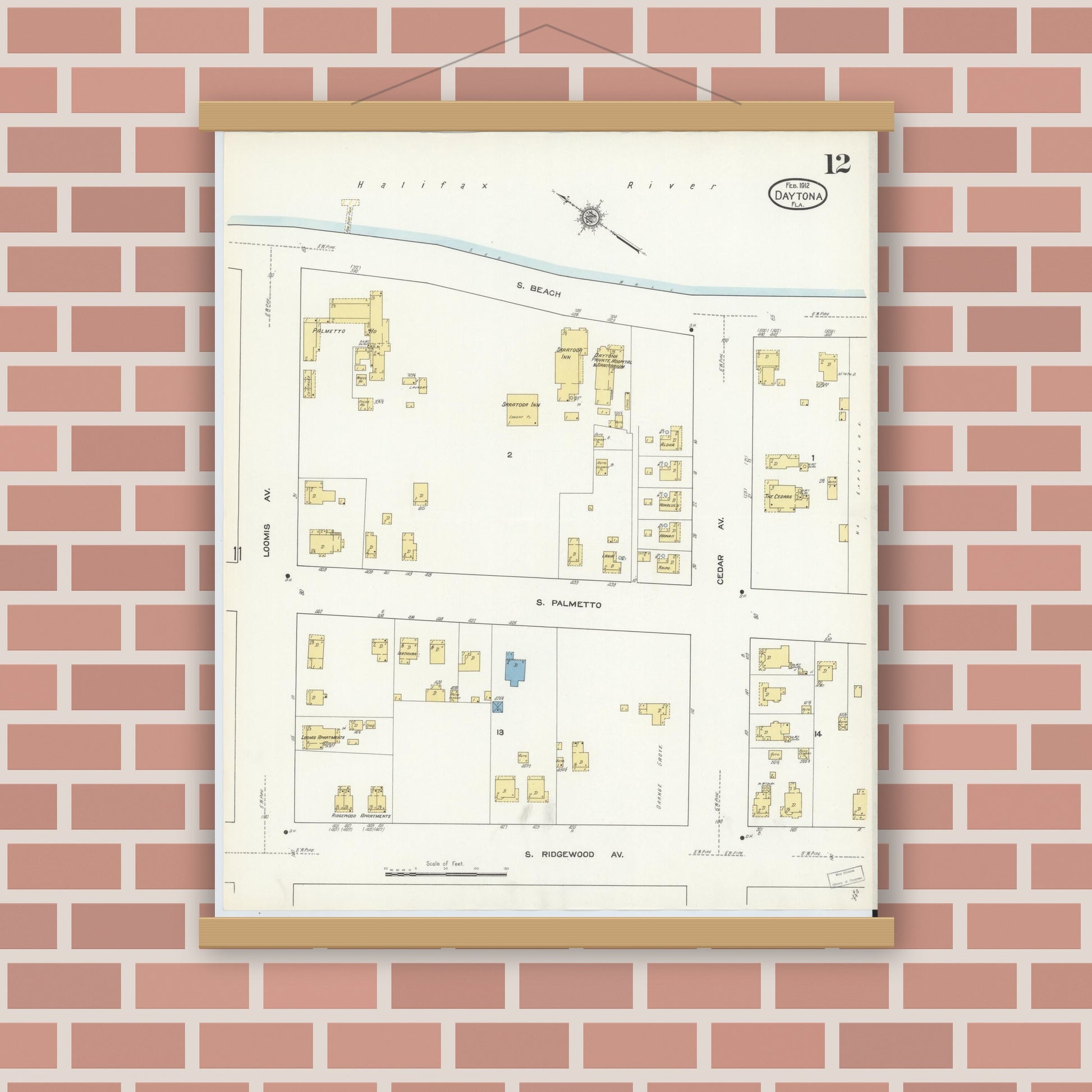 Old map wall art mockup — magnetic wood frame on brick wall — Sanborn Fire Insurance Map from Daytona, Volusia County, Florida (1912), Sheet #0012