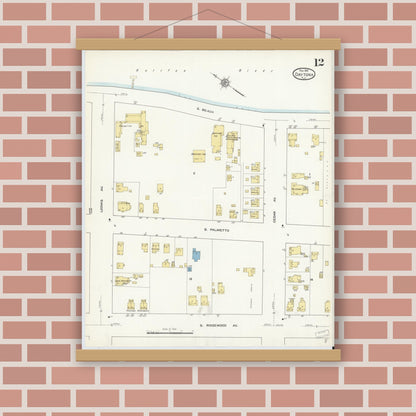 Old map wall art mockup — magnetic wood frame on brick wall — Sanborn Fire Insurance Map from Daytona, Volusia County, Florida (1912), Sheet #0012