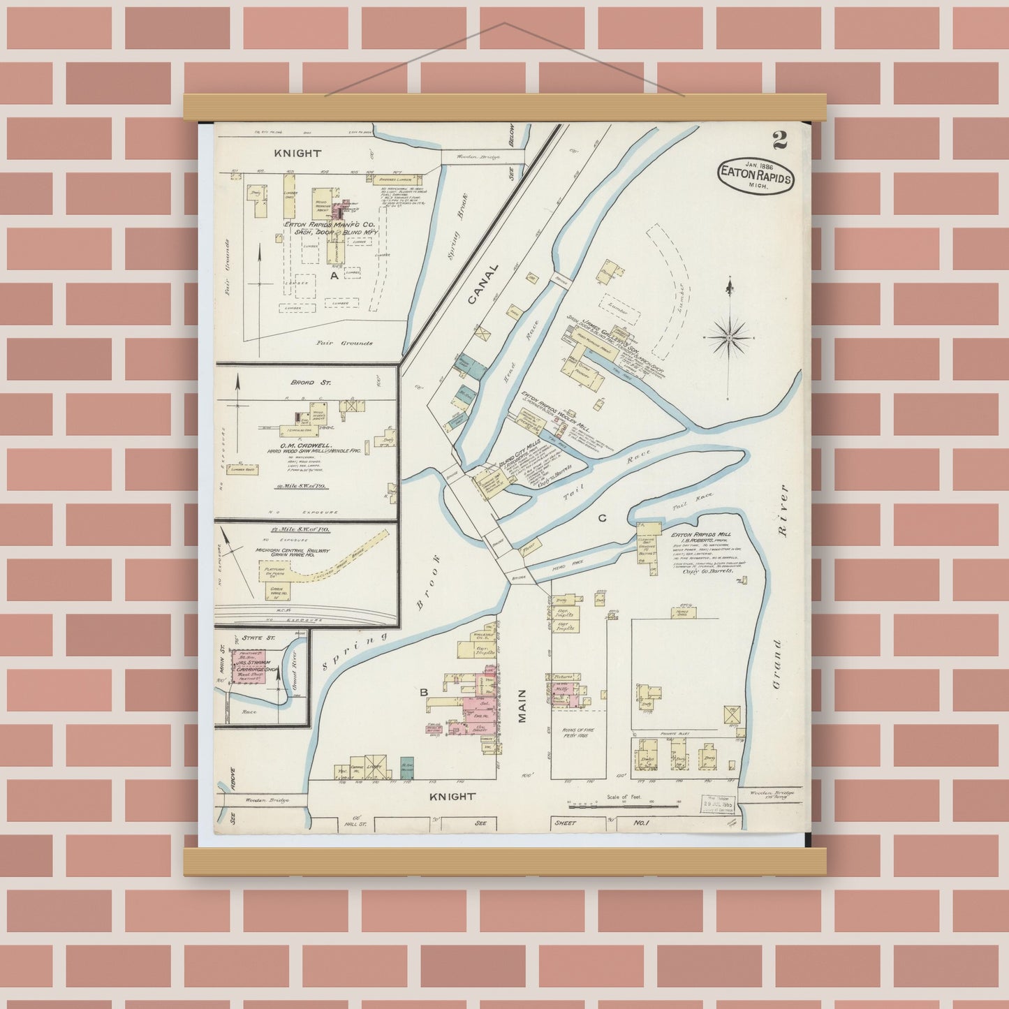 Old map wall art mockup — magnetic wood frame on brick wall — Sanborn Fire Insurance Map from Eaton Rapids, Eaton County, Michigan (1886), Sheet #0002