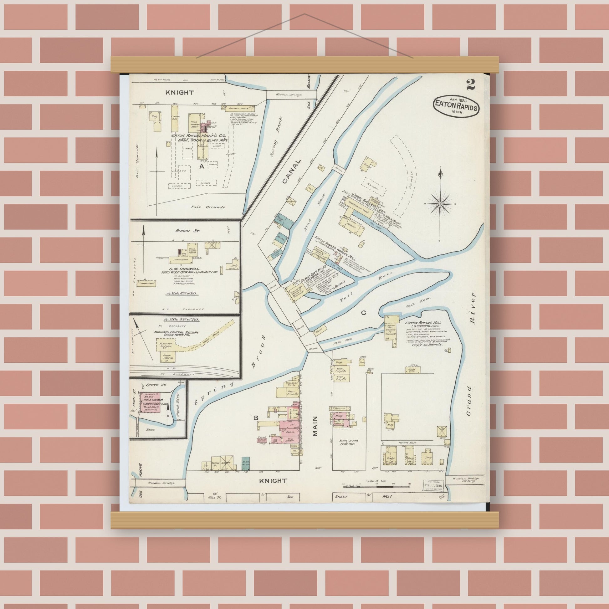 Old map wall art mockup — magnetic wood frame on brick wall — Sanborn Fire Insurance Map from Eaton Rapids, Eaton County, Michigan (1886), Sheet #0002