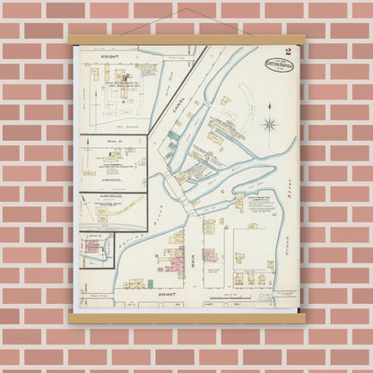 Old map wall art mockup — magnetic wood frame on brick wall — Sanborn Fire Insurance Map from Eaton Rapids, Eaton County, Michigan (1886), Sheet #0002