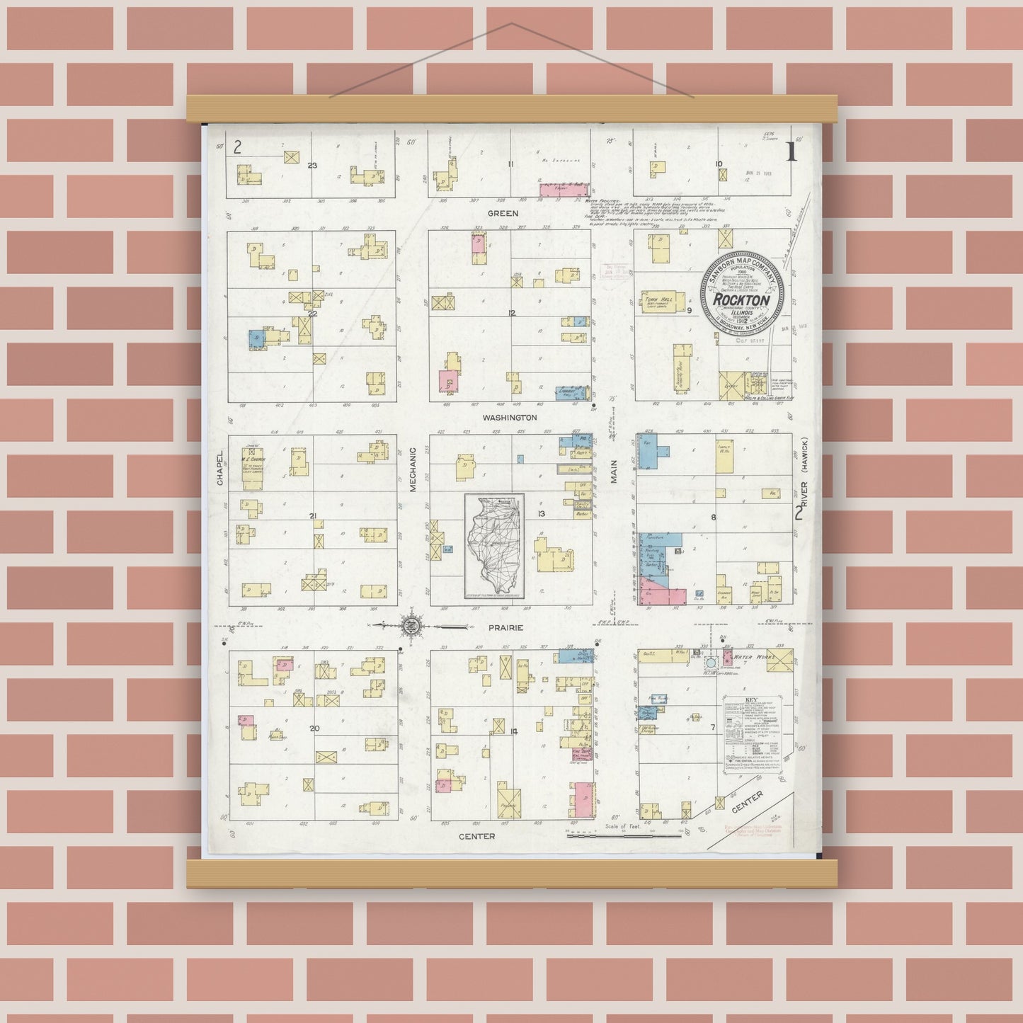 Old map wall art mockup — magnetic wood frame on brick wall — Sanborn Fire Insurance Map from Rockton, Winnebago County, Illinois (1912) - Complete Map Set
