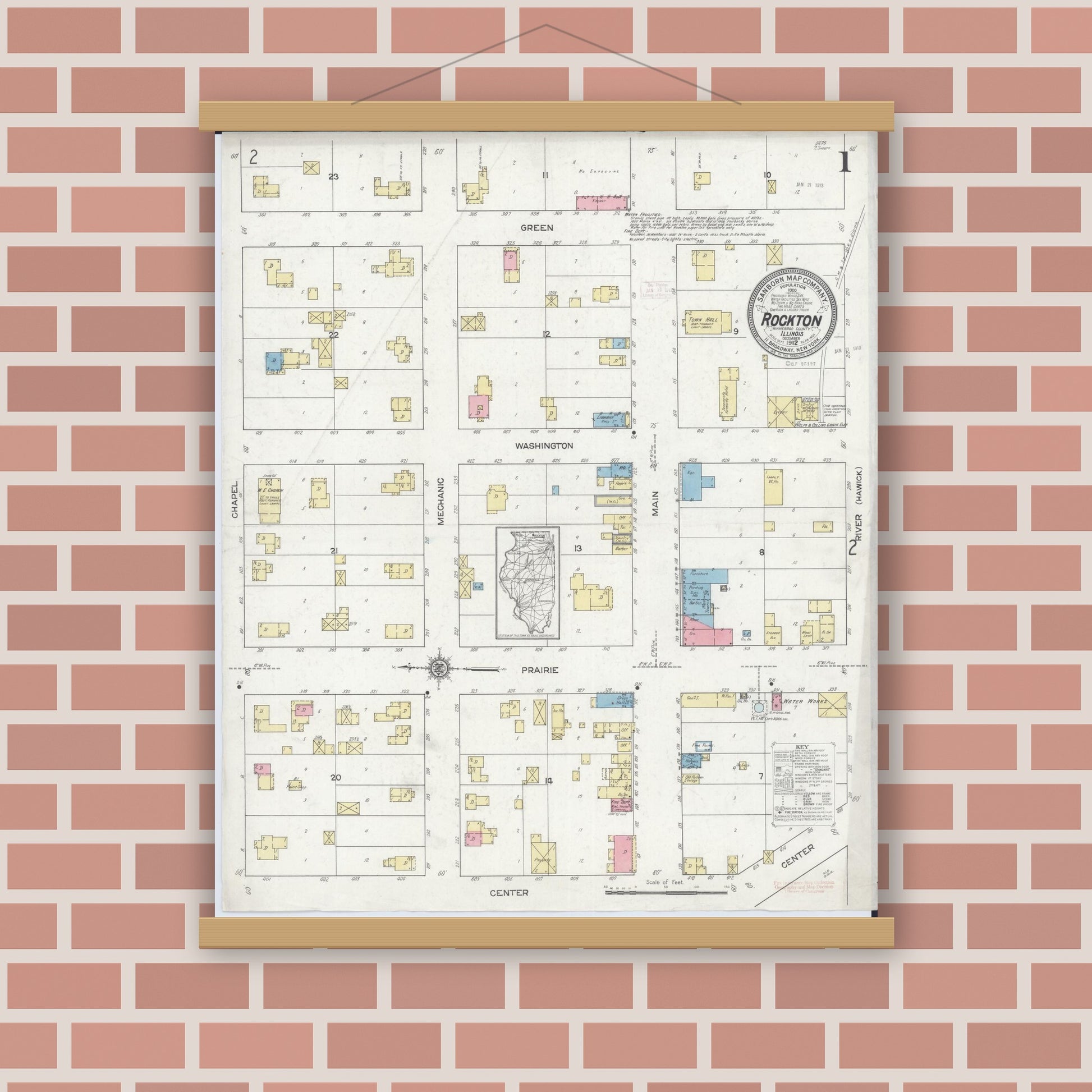 Old map wall art mockup — magnetic wood frame on brick wall — Sanborn Fire Insurance Map from Rockton, Winnebago County, Illinois (1912) - Complete Map Set