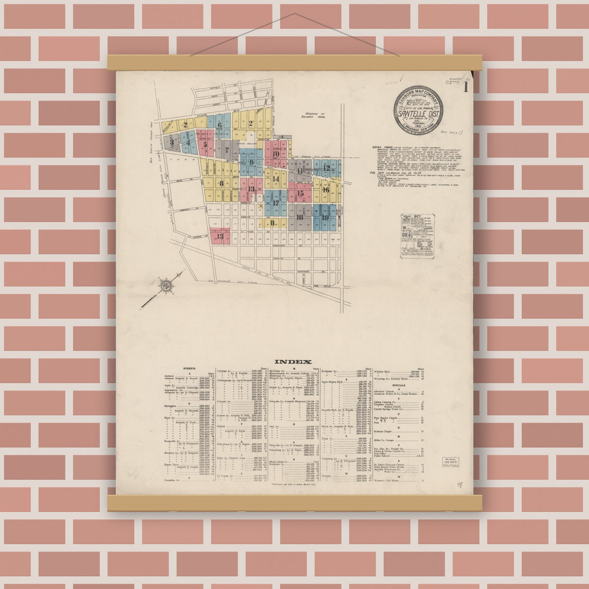 Old map wall art mockup — magnetic wood frame on brick wall — Sanborn Fire Insurance Map from Sawtelle, Los Angeles County, California (1921) - Complete Map Set