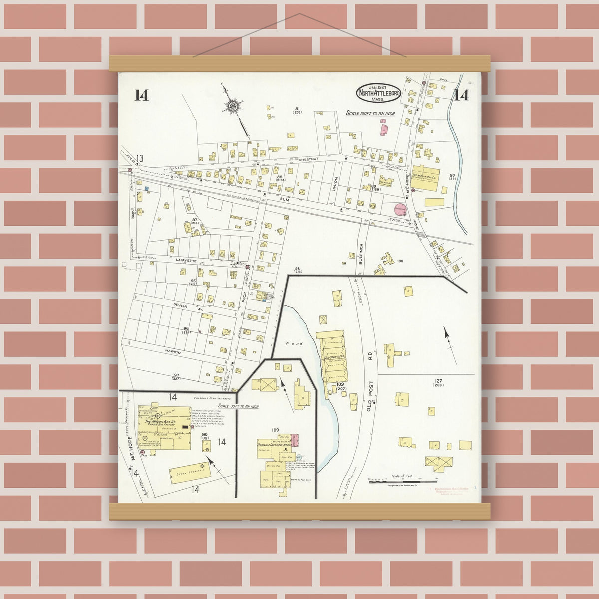 Old map wall art mockup — magnetic wood frame on brick wall — Sanborn Fire Insurance Map from North Attleborough, Bristol County, Massachusetts (1924), Sheet #0014