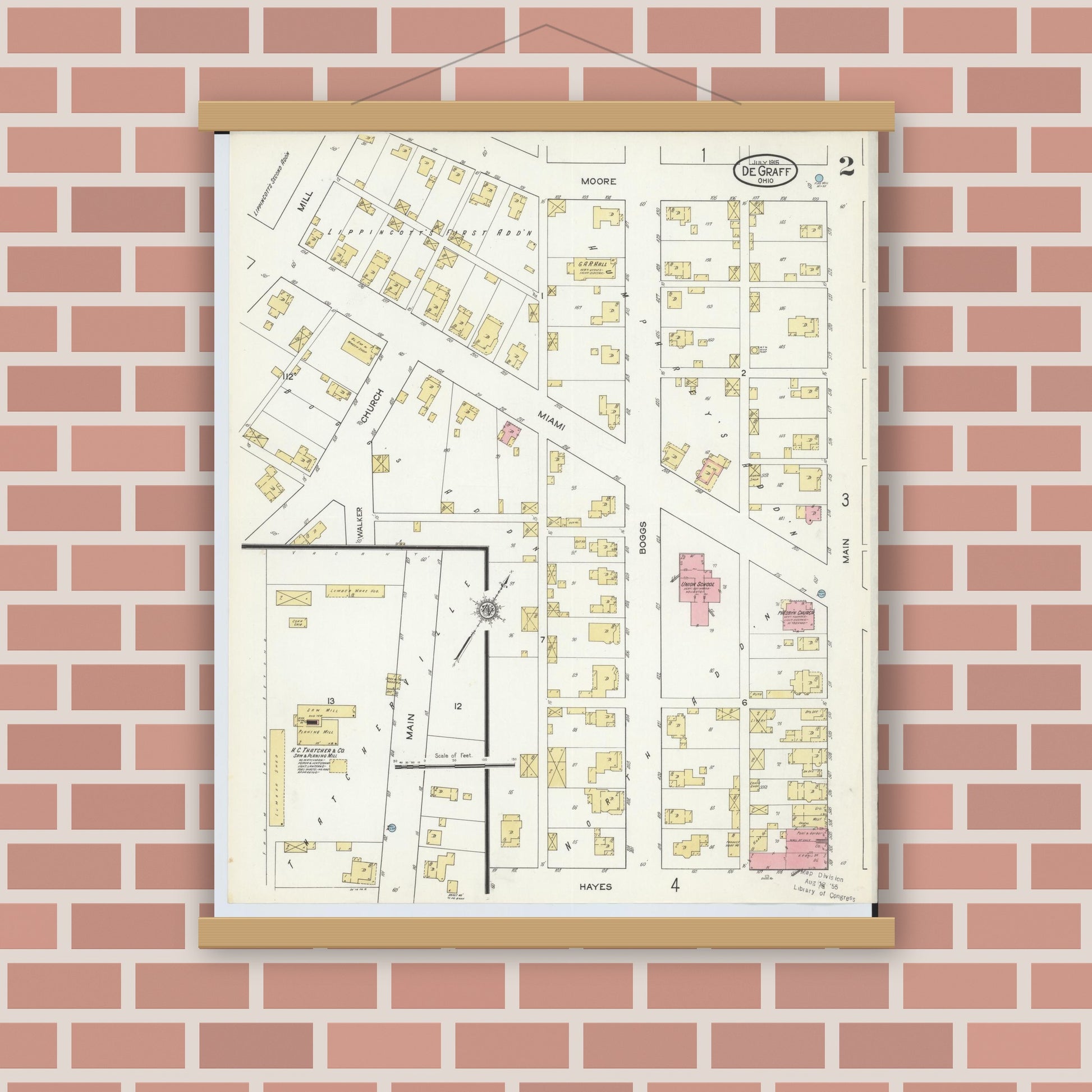 Old map wall art mockup — magnetic wood frame on brick wall — Sanborn Fire Insurance Map from Degraff, Logan County, Ohio (1915), Sheet #0002