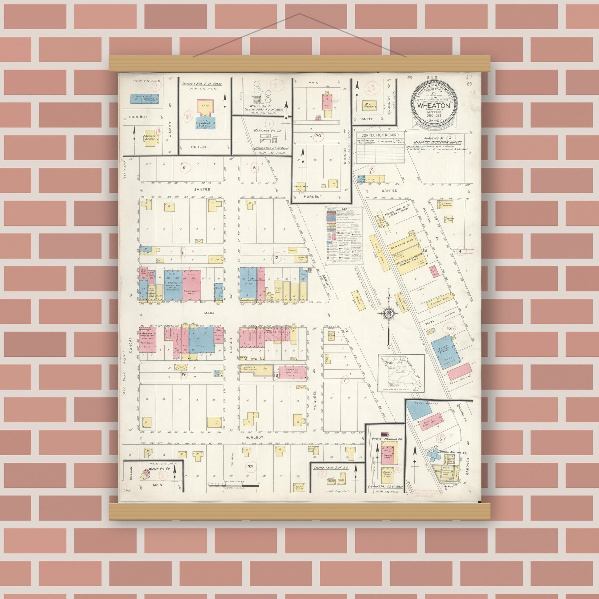 Old map wall art mockup — magnetic wood frame on brick wall — Sanborn Fire Insurance Map from Wheaton, Barry County, Missouri (1933), Sheet #0001