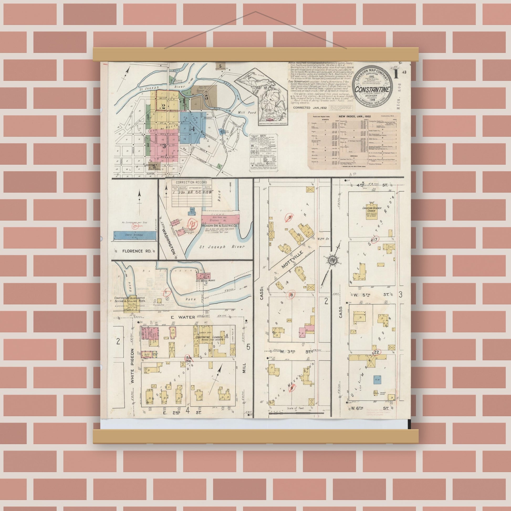 Old map wall art mockup — magnetic wood frame on brick wall — Sanborn Fire Insurance Map from Constantine, Saint Joseph County, Michigan (1932) - Complete Map Set