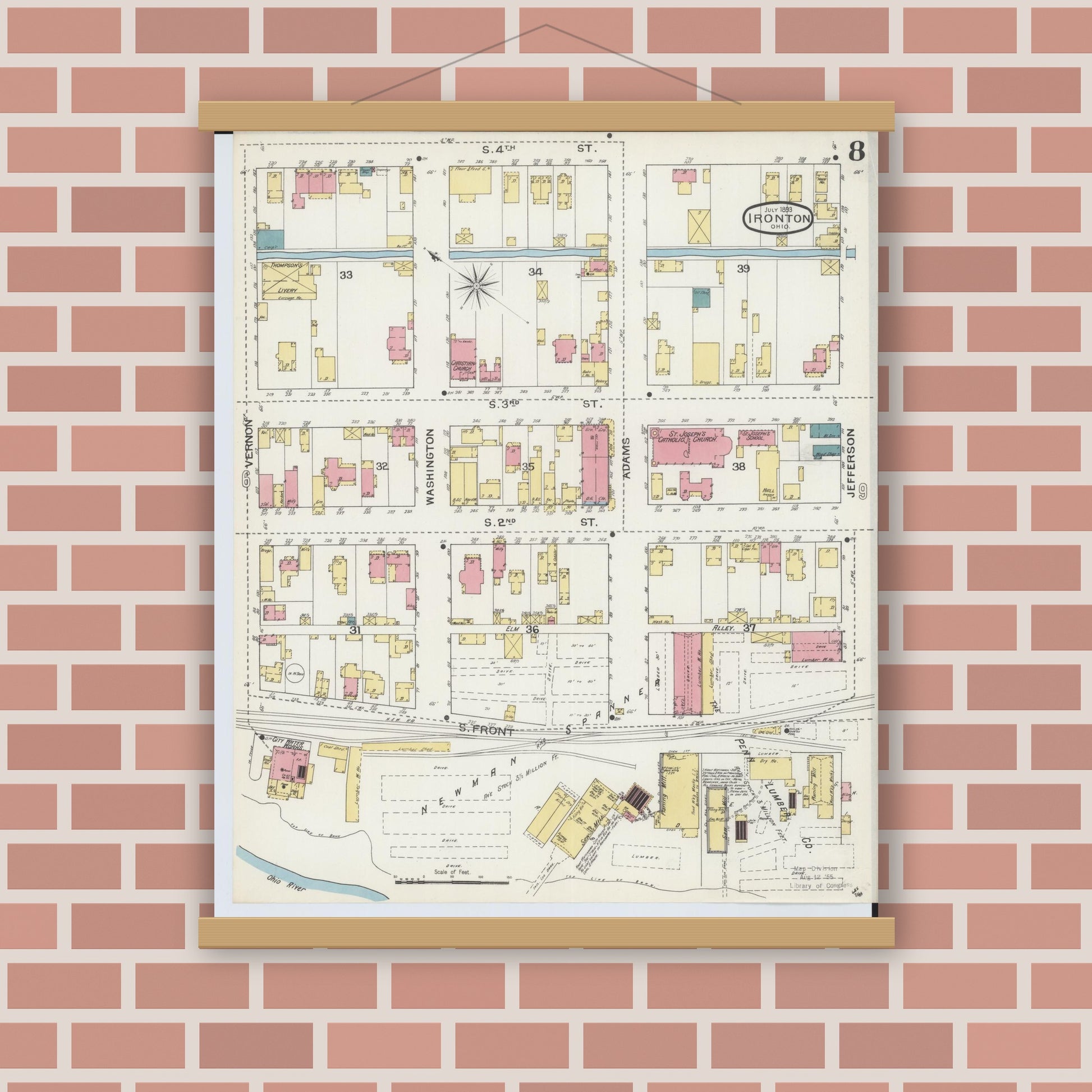 Old map wall art mockup — magnetic wood frame on brick wall — Sanborn Fire Insurance Map from Ironton, Lawrence County, Ohio (1893), Sheet #0008