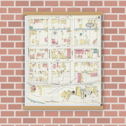 Old map wall art mockup — magnetic wood frame on brick wall — Sanborn Fire Insurance Map from Ironton, Lawrence County, Ohio (1893), Sheet #0008