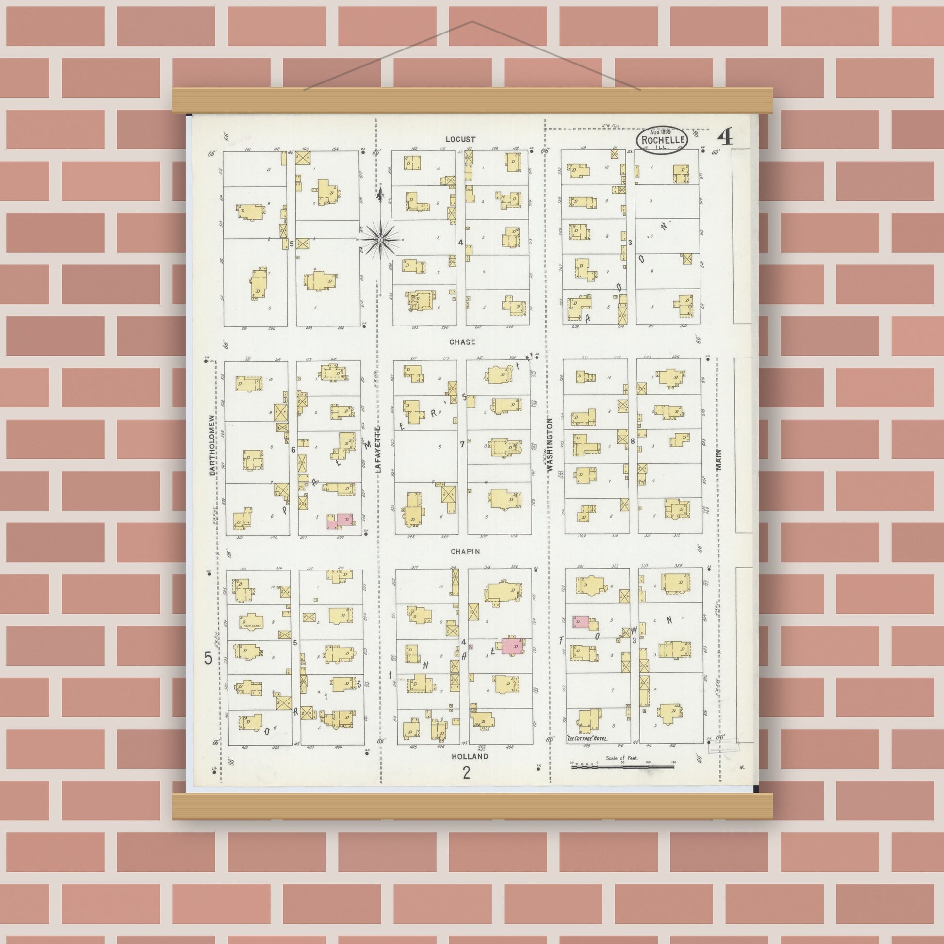 Old map wall art mockup — magnetic wood frame on brick wall — Sanborn Fire Insurance Map from Rochelle, Ogle County, Illinois (1899), Sheet #0004