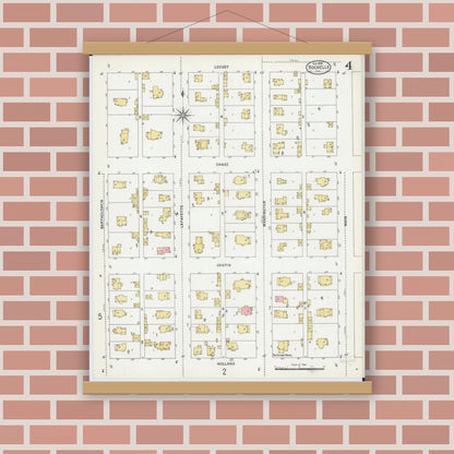 Old map wall art mockup — magnetic wood frame on brick wall — Sanborn Fire Insurance Map from Rochelle, Ogle County, Illinois (1899), Sheet #0004