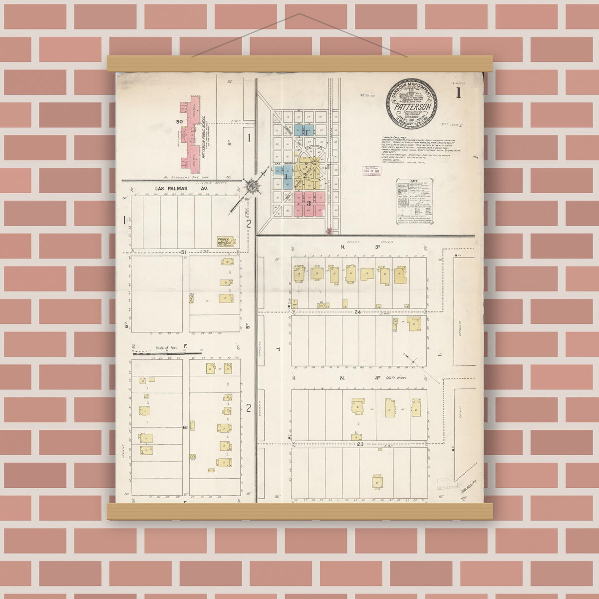 Old map wall art mockup — magnetic wood frame on brick wall — Sanborn Fire Insurance Map from Patterson, Stanislaus County, California (1911) - Complete Map Set