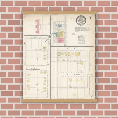 Old map wall art mockup — magnetic wood frame on brick wall — Sanborn Fire Insurance Map from Patterson, Stanislaus County, California (1911) - Complete Map Set