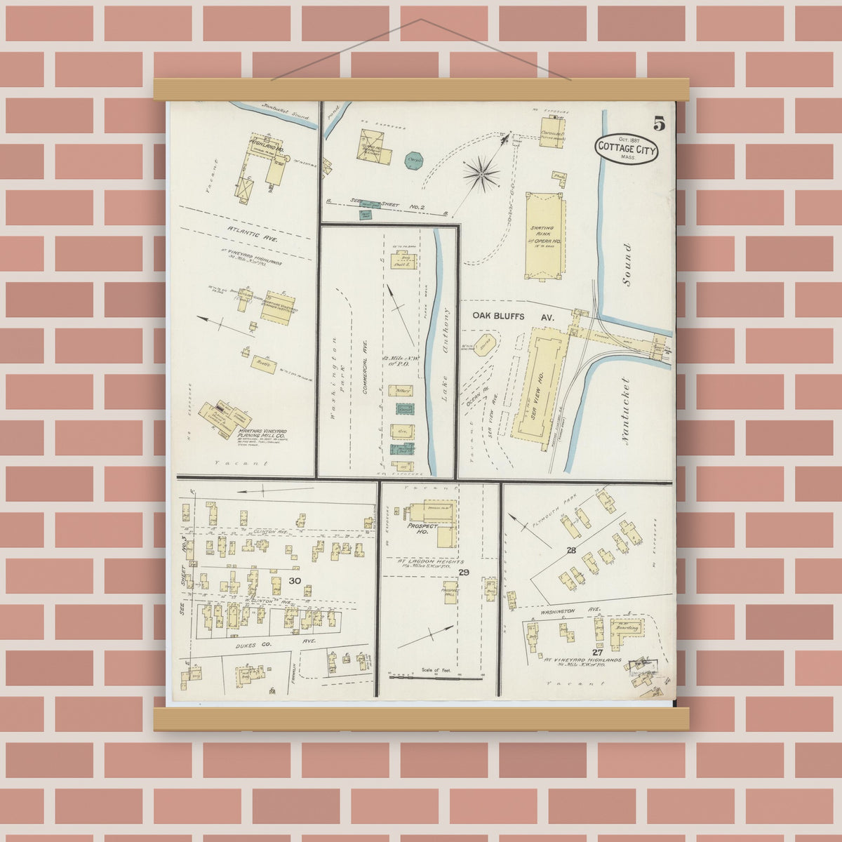 Old map wall art mockup — magnetic wood frame on brick wall — Sanborn Fire Insurance Map from Cottage City, Dukes County, Massachusetts (1887), Sheet #0005