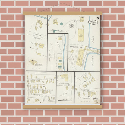 Old map wall art mockup — magnetic wood frame on brick wall — Sanborn Fire Insurance Map from Cottage City, Dukes County, Massachusetts (1887), Sheet #0005
