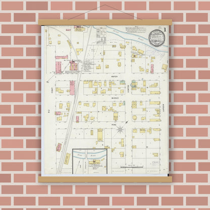 Old map wall art mockup — magnetic wood frame on brick wall — Sanborn Fire Insurance Map from Columbiaville, Lapeer County, Michigan (1898), Sheet #0001