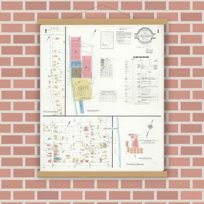 Old map wall art mockup — magnetic wood frame on brick wall — Sanborn Fire Insurance Map from New Richmond, Clermont County, Ohio (1933) - Complete Map Set