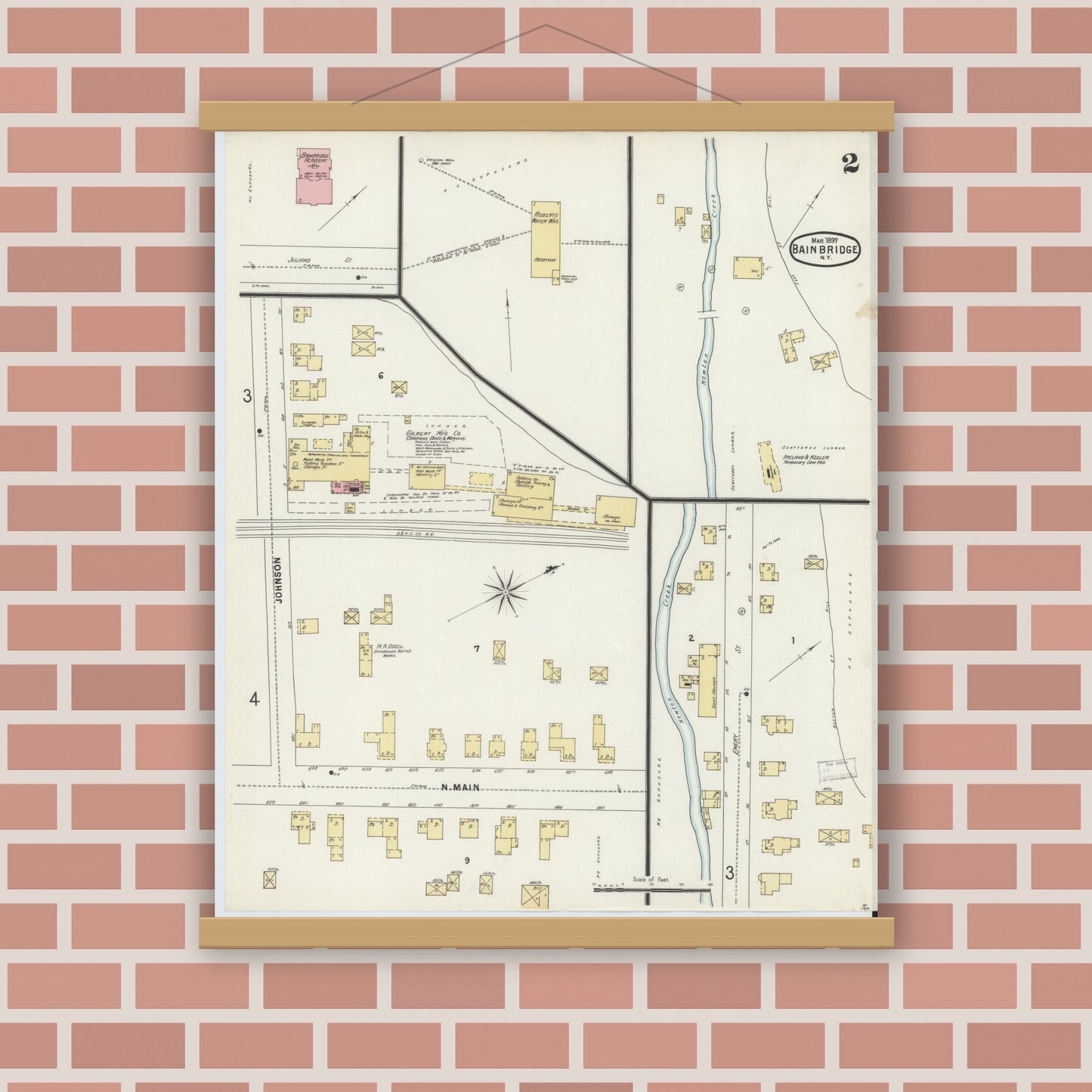 Old map wall art mockup — magnetic wood frame on brick wall — Sanborn Fire Insurance Map from Bainbridge, Chenango County, New York (1897), Sheet #0002