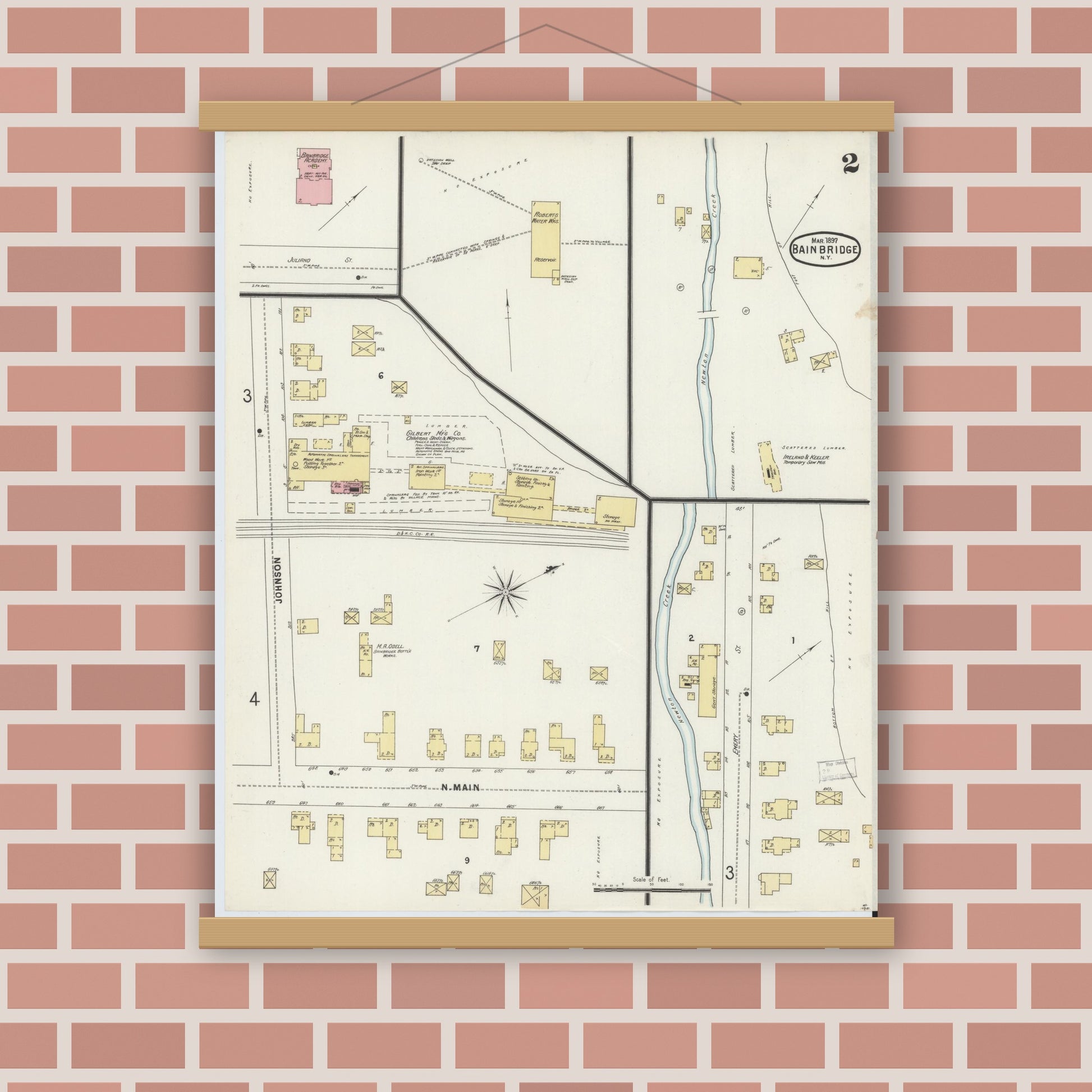 Old map wall art mockup — magnetic wood frame on brick wall — Sanborn Fire Insurance Map from Bainbridge, Chenango County, New York (1897), Sheet #0002