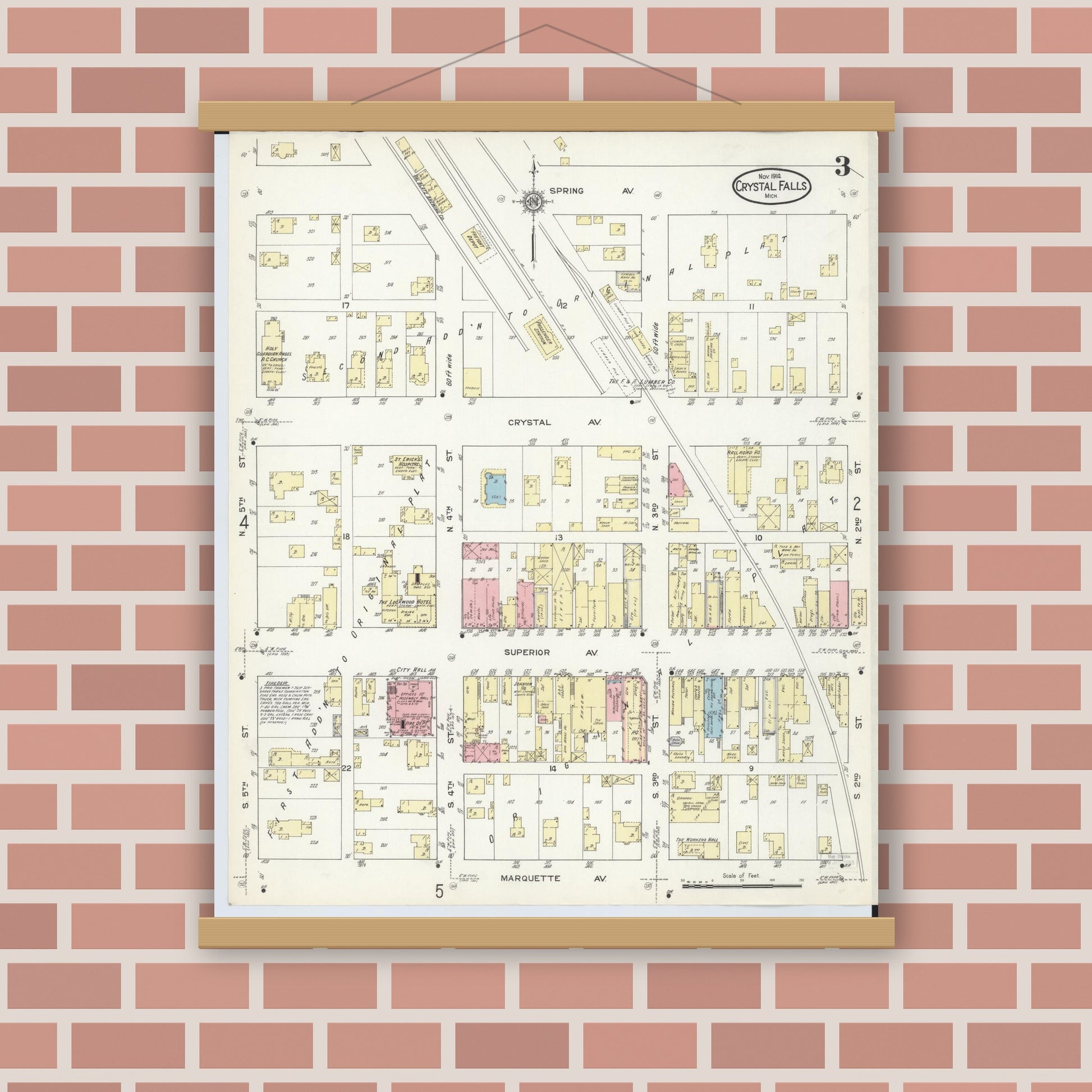 Old map wall art mockup — magnetic wood frame on brick wall — Sanborn Fire Insurance Map from Crystal Falls, Iron County, Michigan (1914), Sheet #0003