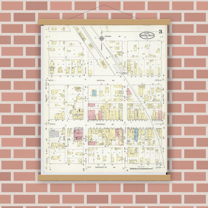 Old map wall art mockup — magnetic wood frame on brick wall — Sanborn Fire Insurance Map from Crystal Falls, Iron County, Michigan (1914), Sheet #0003