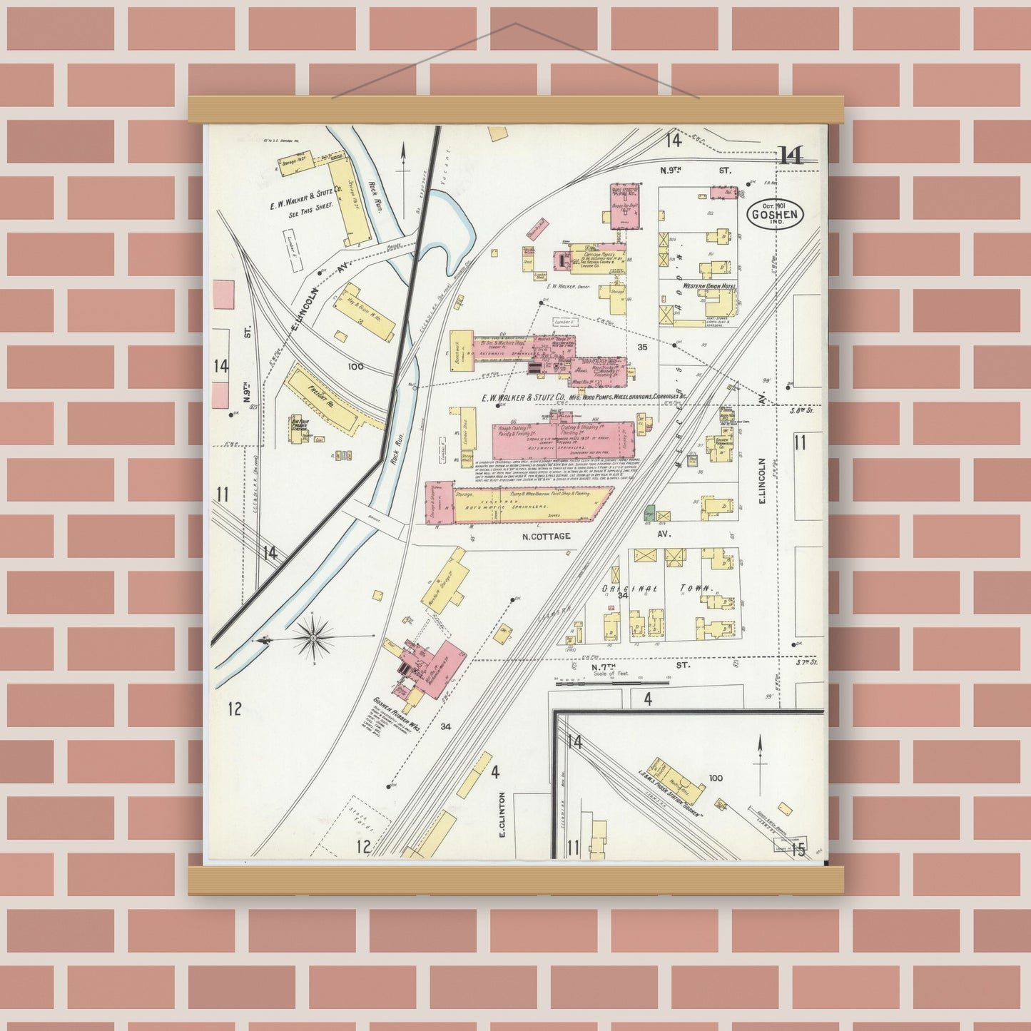 Old map wall art mockup — magnetic wood frame on brick wall — Sanborn Fire Insurance Map from Goshen, Elkhart County, Indiana (1901), Sheet #0014