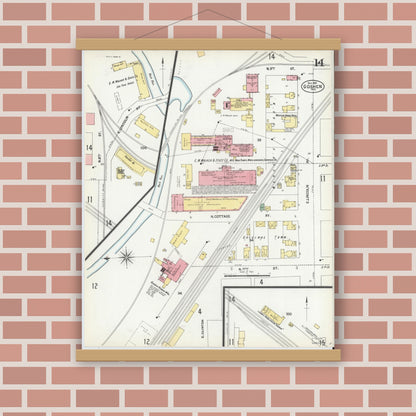 Old map wall art mockup — magnetic wood frame on brick wall — Sanborn Fire Insurance Map from Goshen, Elkhart County, Indiana (1901), Sheet #0014